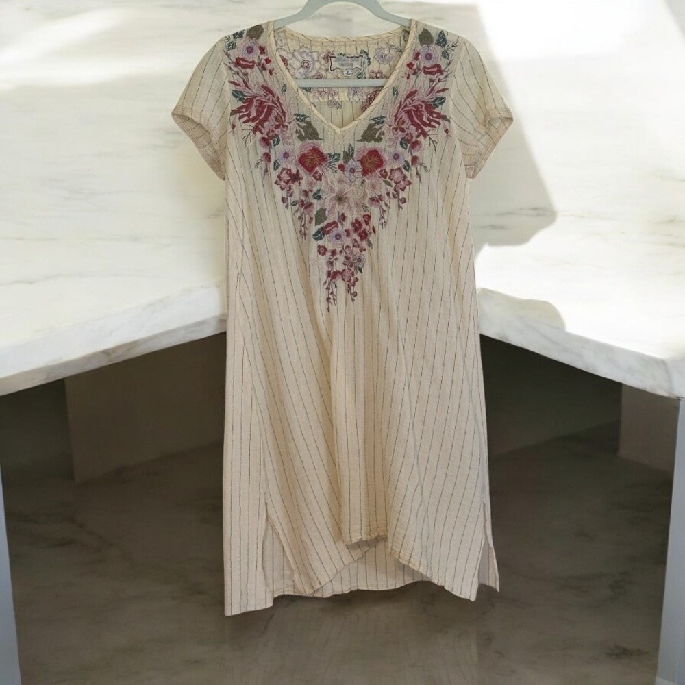 Johnny Was Workshop Tunic Dress Beige S Womens Embroidered Striped Boho W35618-0
